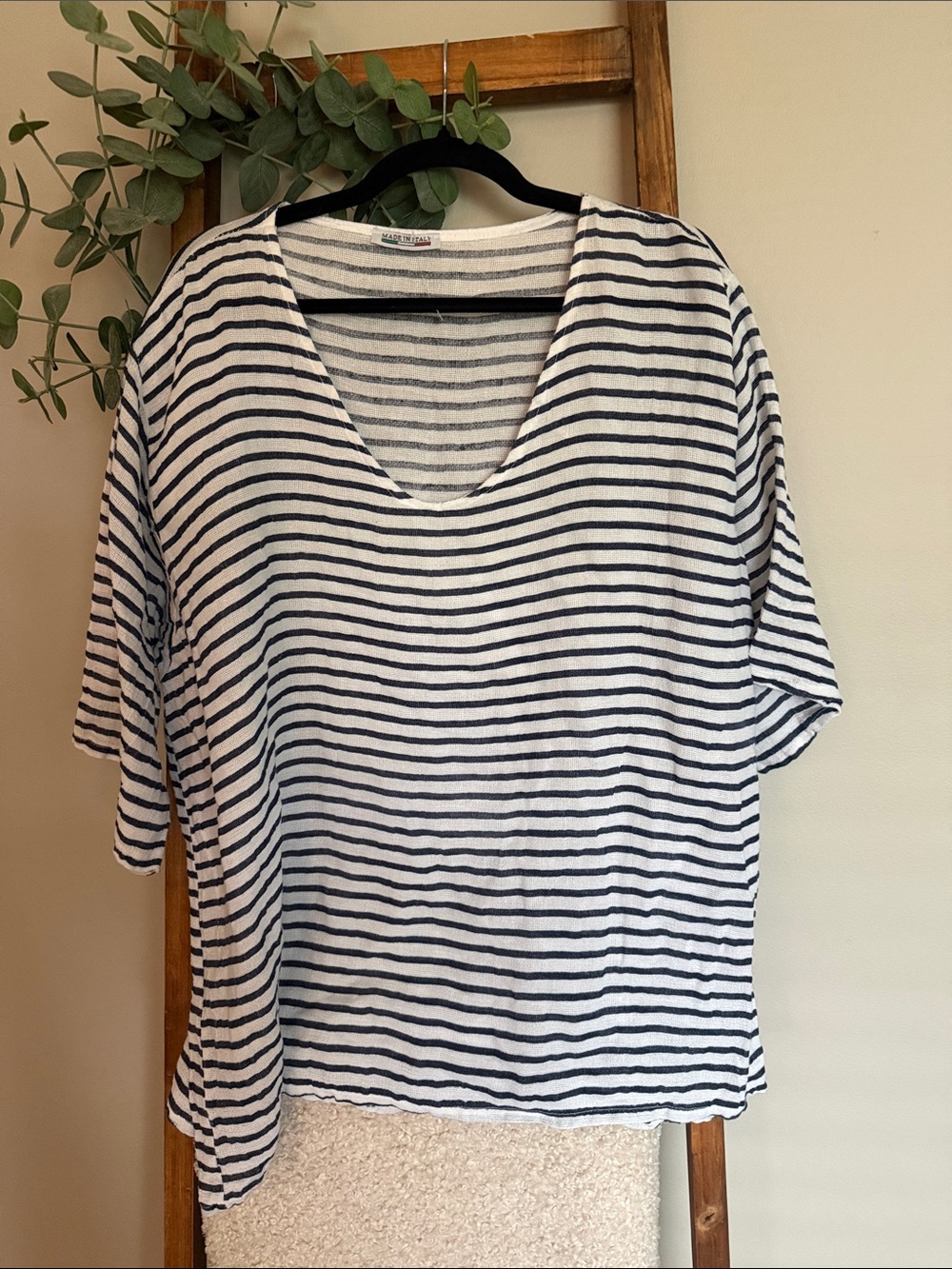 Striped V-Neck Linen Blend Top - White & Navy